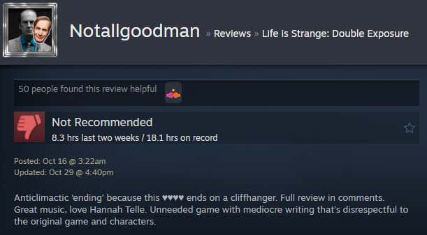 Screenshot showing a Steam review for Life is Strange: Double Exposure.